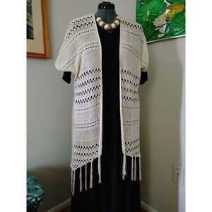 Boho Artesia Shawl Wrap Vest Womens XL XXL Cream Knitted Open Cardigan Y2K VGC